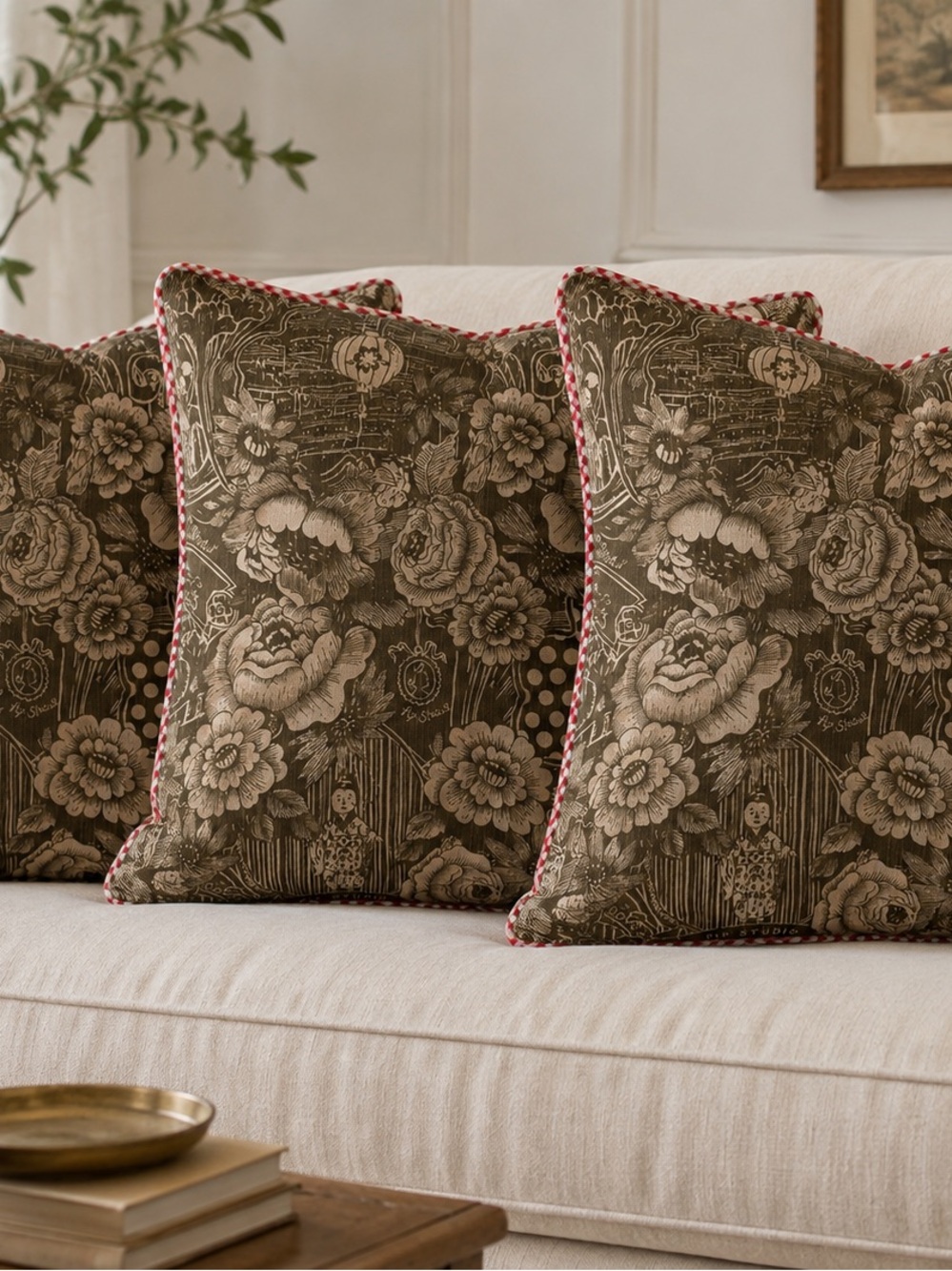 Pip Studio Floral Wallpower Khaki Decorative Pillow Shams Set of 3 24x24 NWT